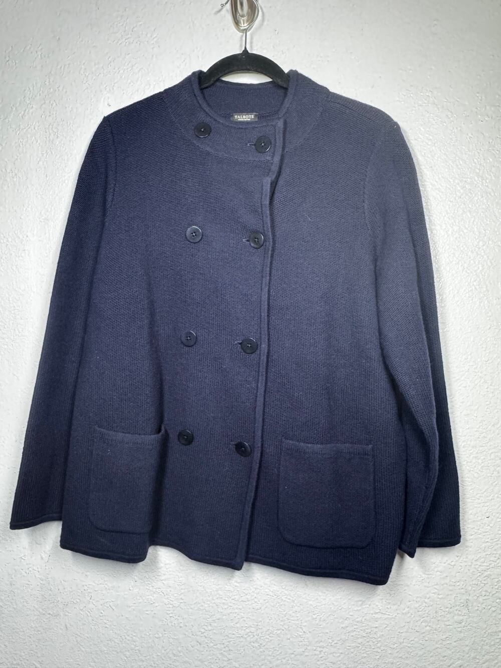Talbots Knit Sweater Blazer Navy Blue Double Breasted Slit Long Sleeve Sz 1XP